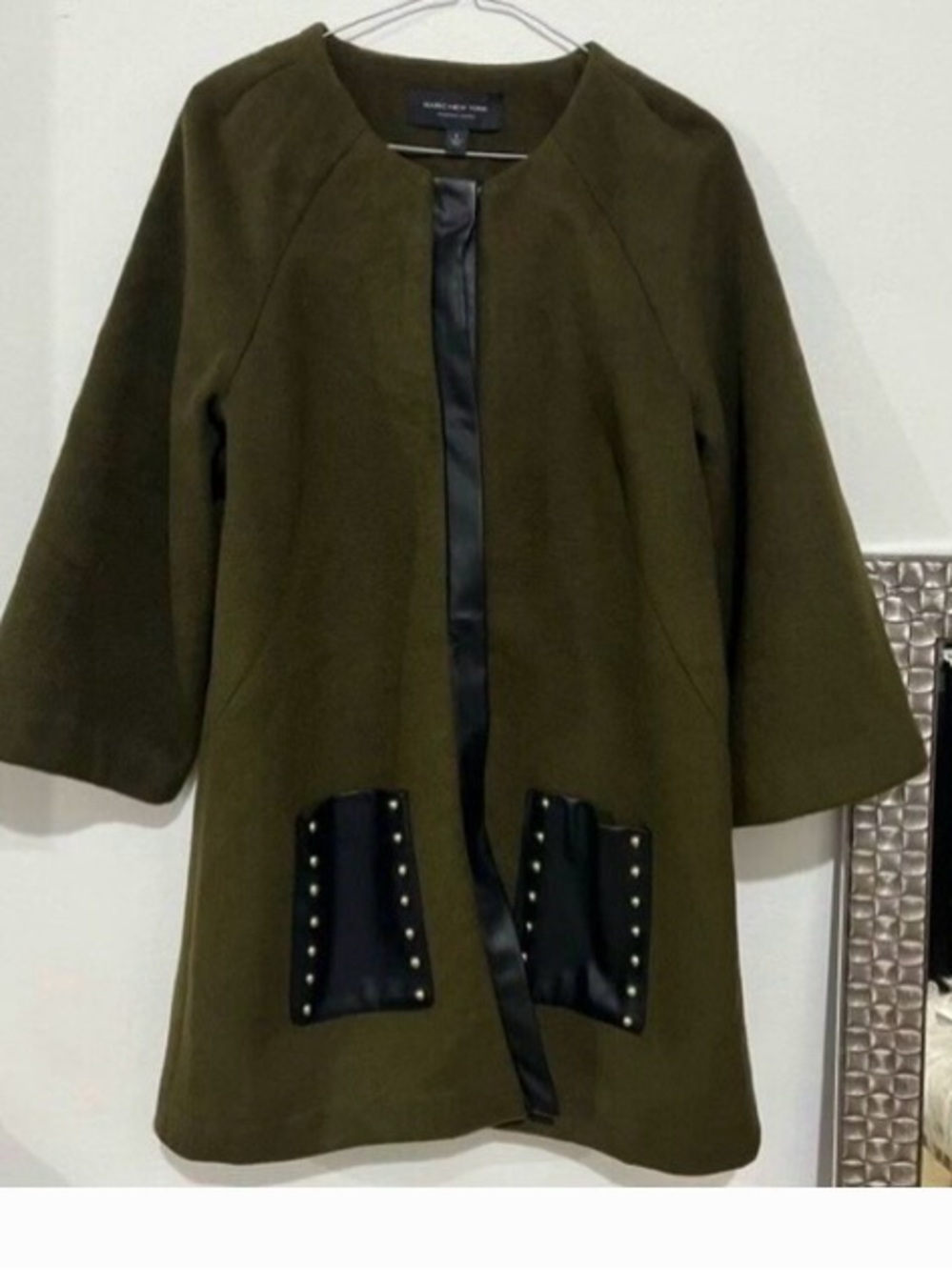 Marc New York Olive Collarless Trench Coat with Black Studded Pocket Detail